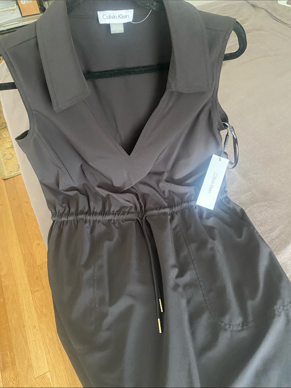Calvin Klein Black Sleeveless V-Neck Midi Dress with Drawstring Waist - Picture 10 of 14